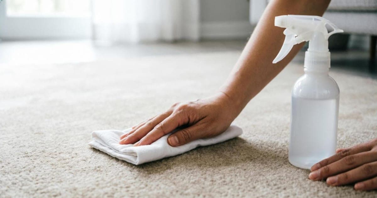 Hands blotting a beige carpet with a white cloth next to a plain spray bottle