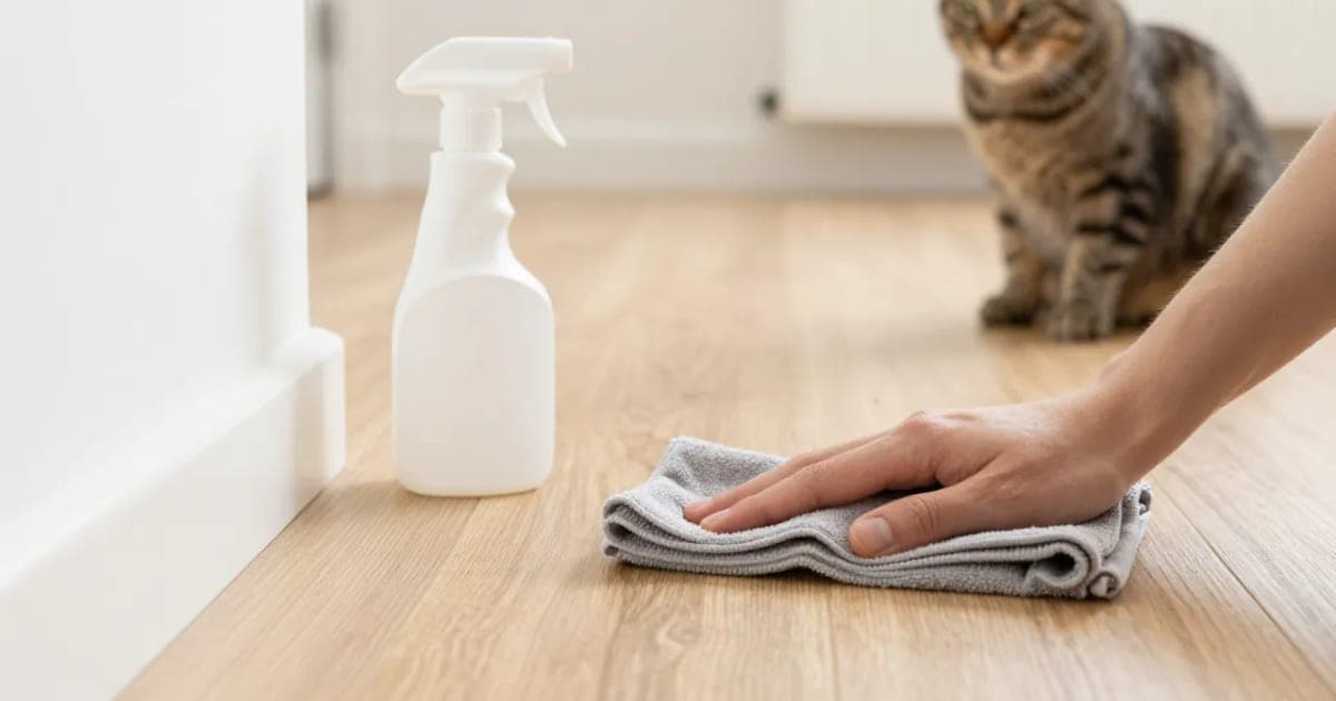 A hand wiping a light vinyl plank floor with a gray microfiber cloth beside a plain spray bottle, a tabby cat watching