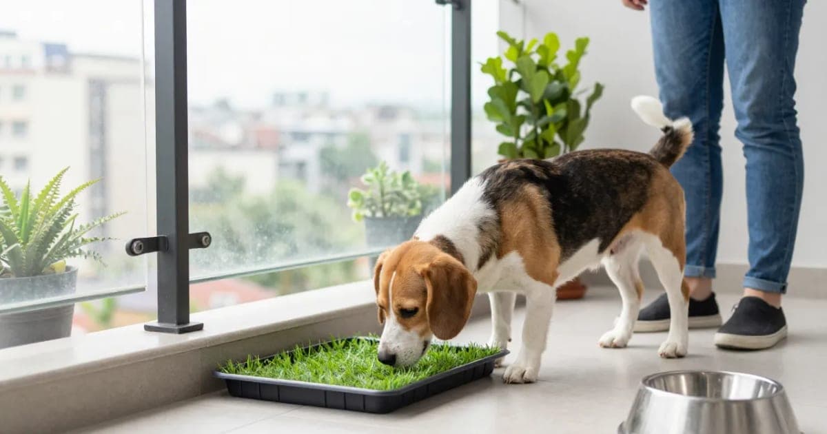 A beagle sniffing a grass potty tray in the corner of an apartment balcony while its owner stands nearby supervising