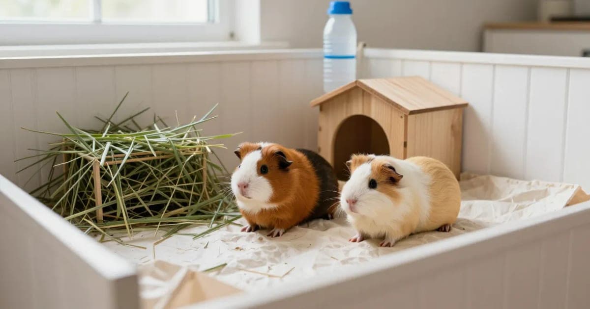 Two guinea pigs in a spacious open-top indoor pen with paper bedding, a hay pile and a wooden hideout