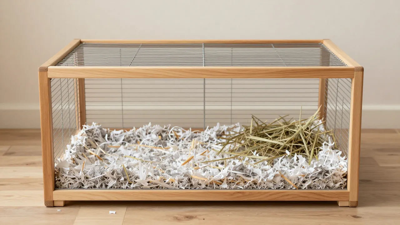 A small-animal enclosure with hay and paper bedding in a calm indoor living space