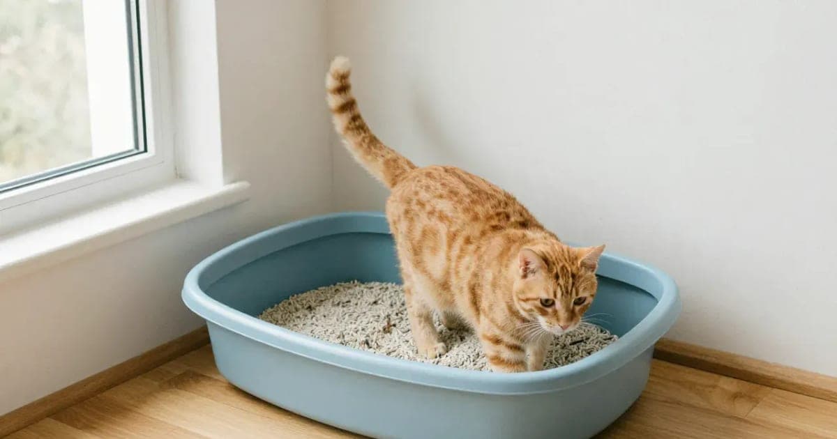 A ginger tabby cat stepping into a clean, open light blue litter box in a quiet corner by a window