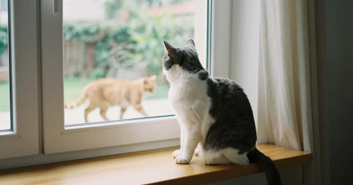 A gray-and-white indoor cat on a windowsill watching an orange cat walk past outside