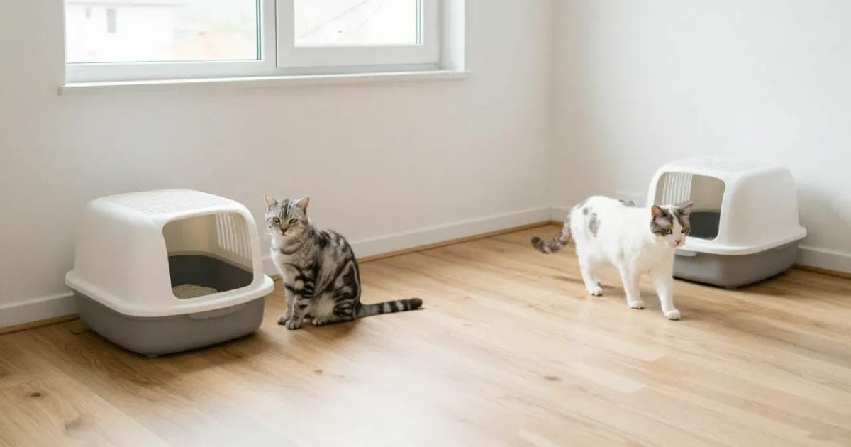 Two cats in a bright room, each near its own covered litter box in a separate corner
