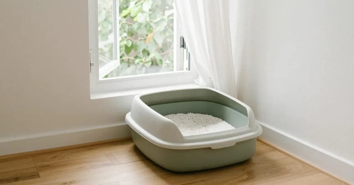 A clean, uncovered sage-green litter box beside an open window in a small, bright apartment corner