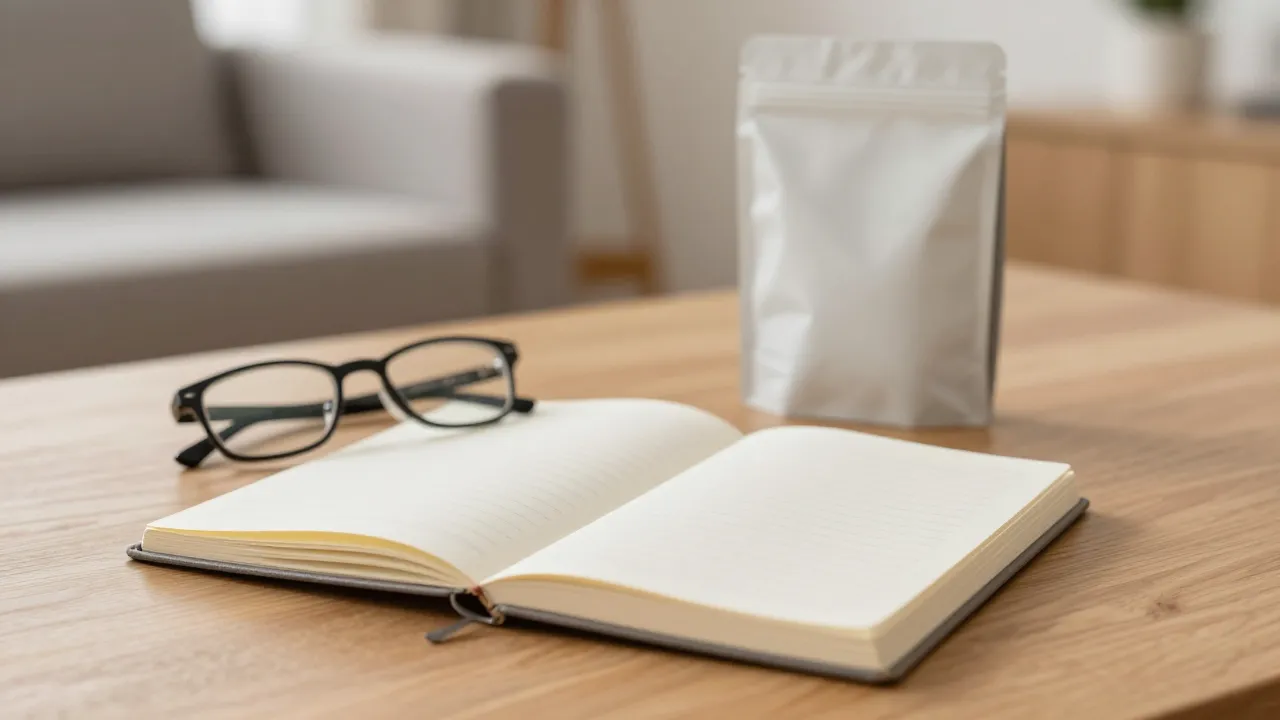 An open notebook and reading glasses on a wooden table beside an unreadable, unbranded package in the background