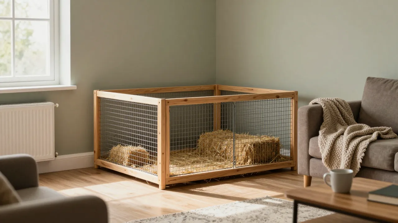A small-pet pen placed against an interior living-room wall, away from the sunny window and the radiator, near a sofa used every day