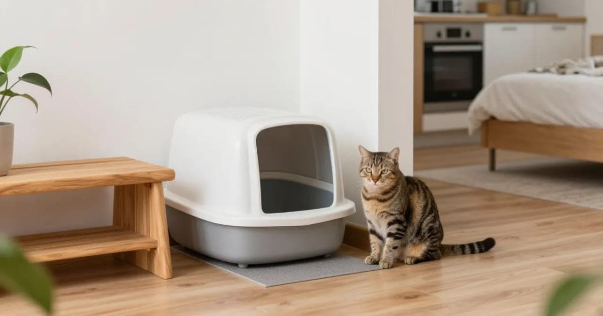 A tabby cat beside a gray litter box on a mat by a wooden bench, away from the bed and kitchen of a small studio apartment